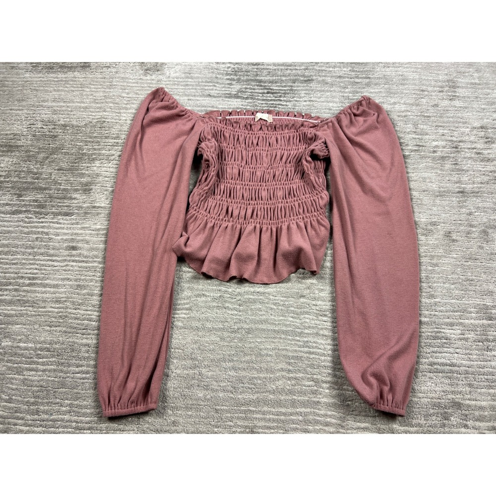 Altar'd State Top Women Small Mauve Smocked Ribbed Balloon Sleeve Crop